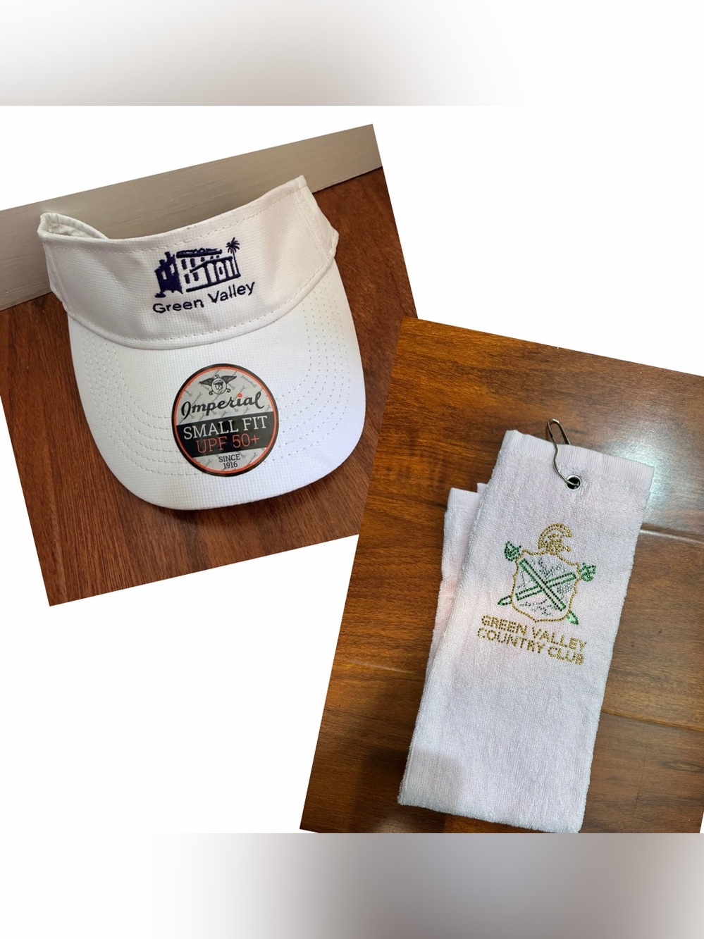 Green Valley Country Club lt Pink golf ball towel & Imperial Visor purple NWT